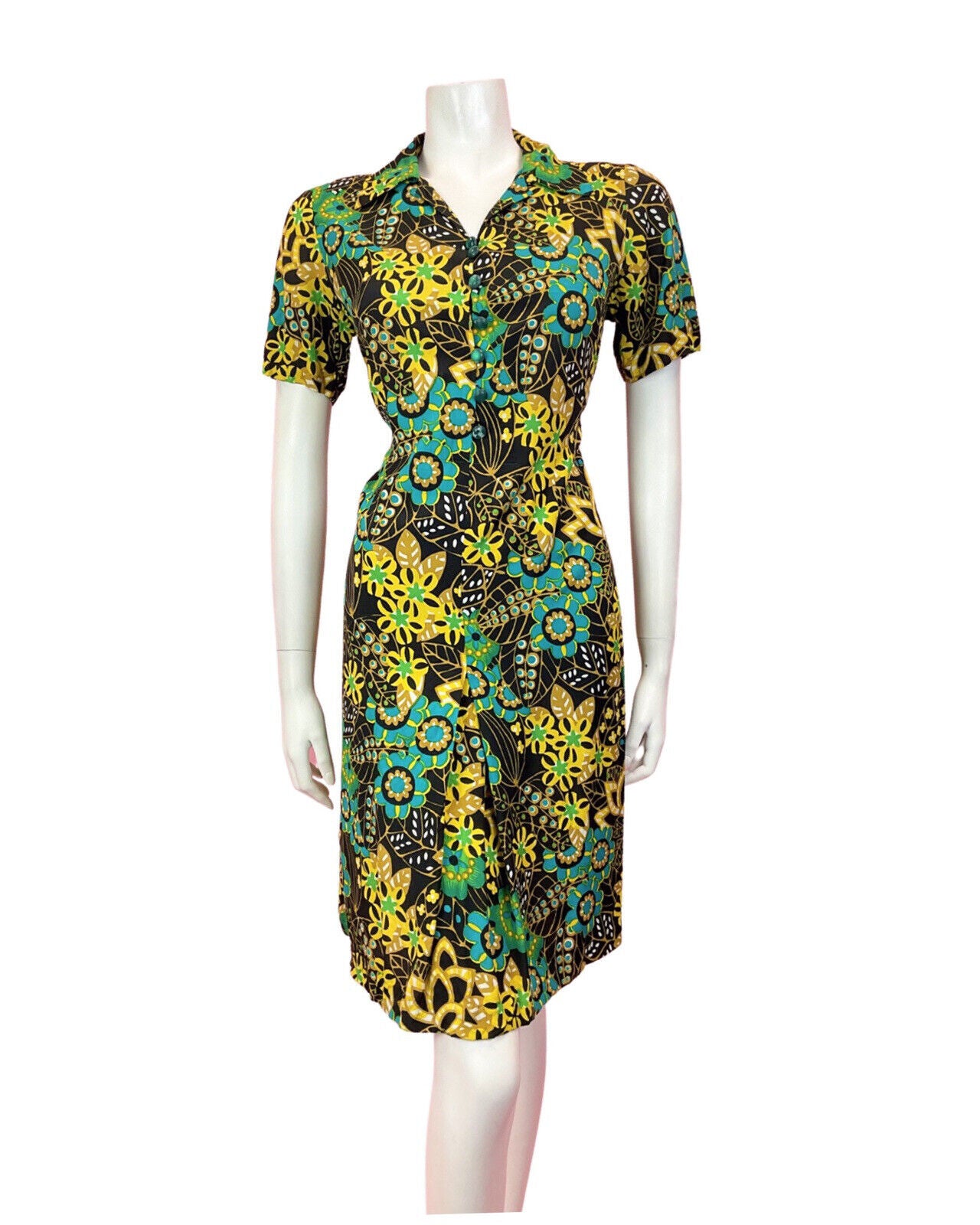 VINTAGE 60s 70s BLACK GREEN YELLOW PSYCHEDELIC FLORAL MANDALA SHIRT DRESS 10 12