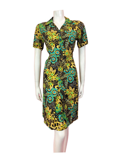 VINTAGE 60s 70s BLACK GREEN YELLOW PSYCHEDELIC FLORAL MANDALA SHIRT DRESS 10 12
