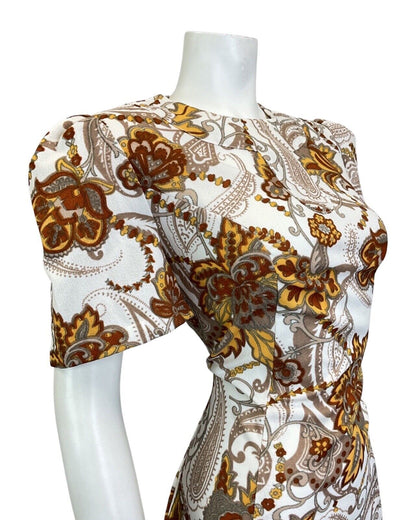 VINTAGE 60s 70s BROWN WHITE YELLOW PSYCHEDELIC PAISLEY FLOWER A-LINE DRESS 14 16