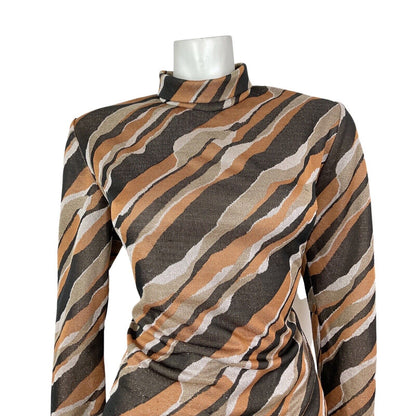 VTG 60s 70s BROWN ORANGE GOLD WHITE STRIPED LUREX PARTY MOD TURTLENECK TOP 16