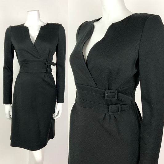 VINTAGE 60s 70s BLACK V-NECK BUCKLE BELT MOD DRESS 10 12