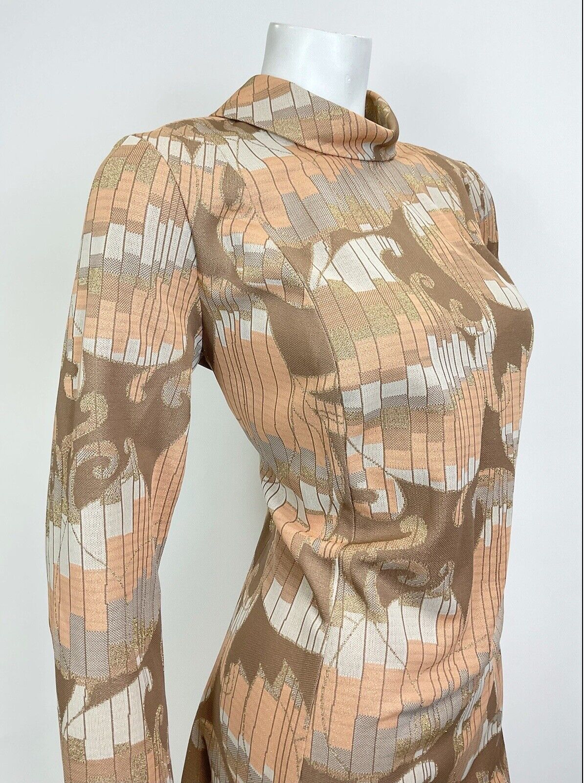 VTG 60s 70s ORANGE BROWN GOLD PSYCHEDELIC SWIRL STRIPED TURTLENECK DRESS 12 14