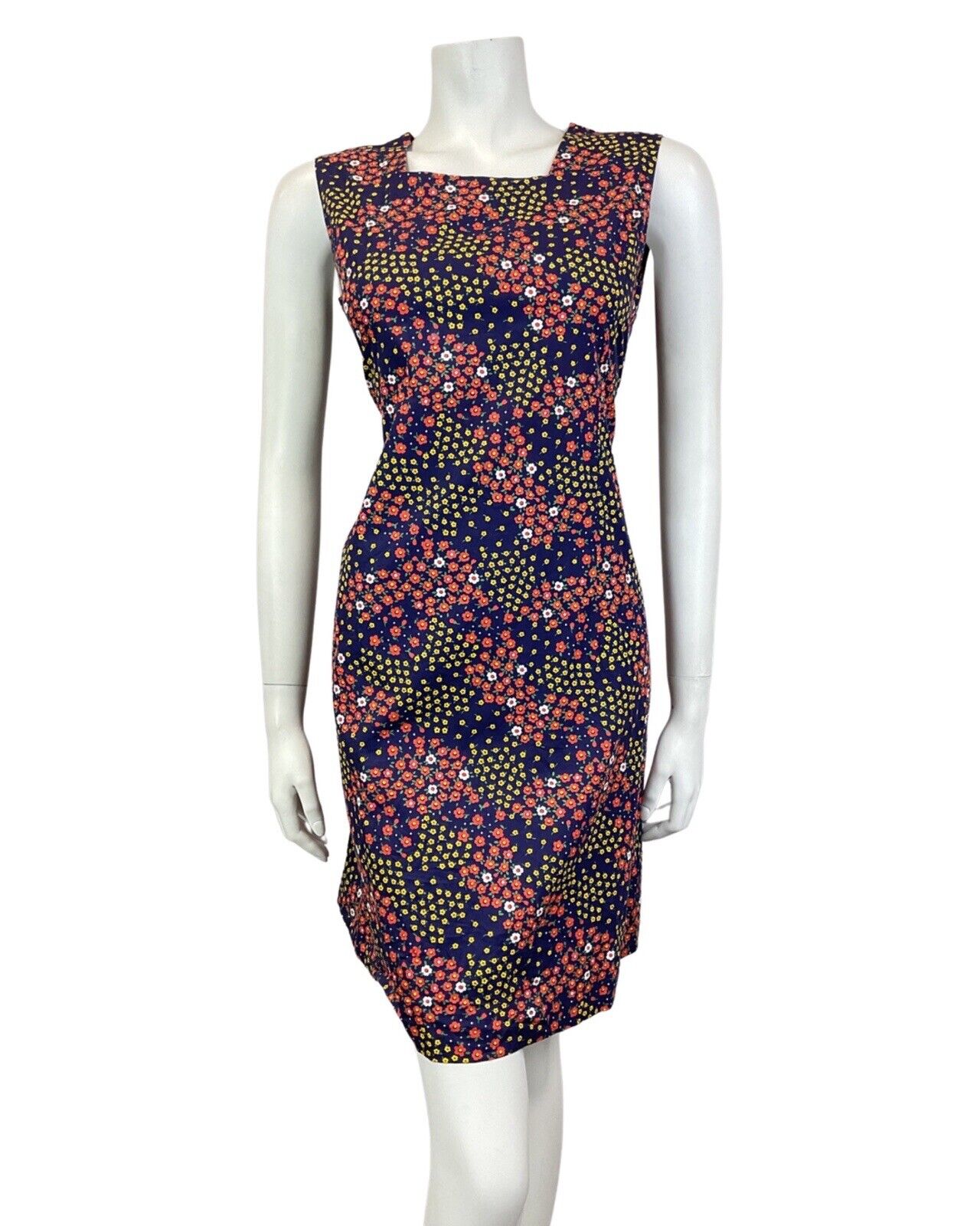 VINTAGE 60s 70s BLUE RED YELLOW DITSY FLOWER SLEEVELESS SUMMER DRESS 10 12