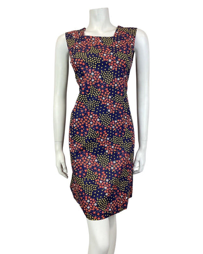 VINTAGE 60s 70s BLUE RED YELLOW DITSY FLOWER SLEEVELESS SUMMER DRESS 10 12