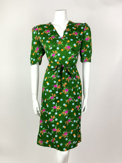 VINTAGE 60s 70s GREEN PINK ORANGE BLUE DOTTY FLORAL BELTED DRESS 14 16