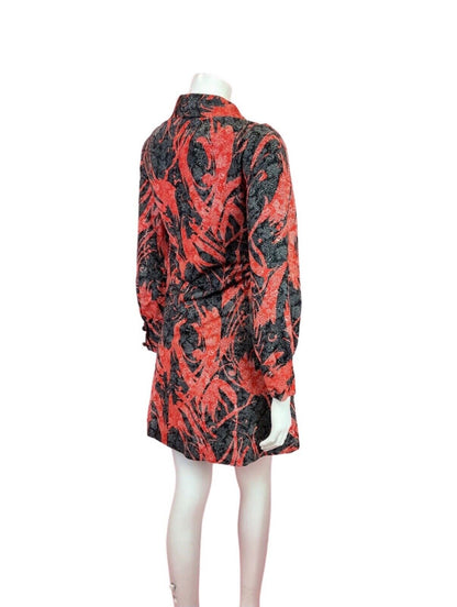 VINTAGE 60s 70s BLACK RED WHITE PSYCHEDELIC FLORAL DITSY DAGGER SHIRT DRESS 12