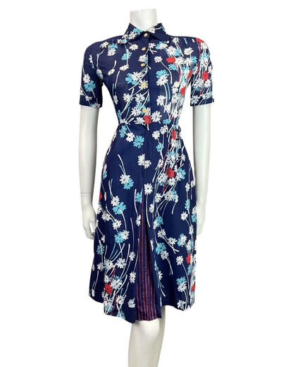 VINTAGE 60s 70s BLUE WHITE RED FLORAL MOD DAGGER COLLAR SHIRT DRESS 8