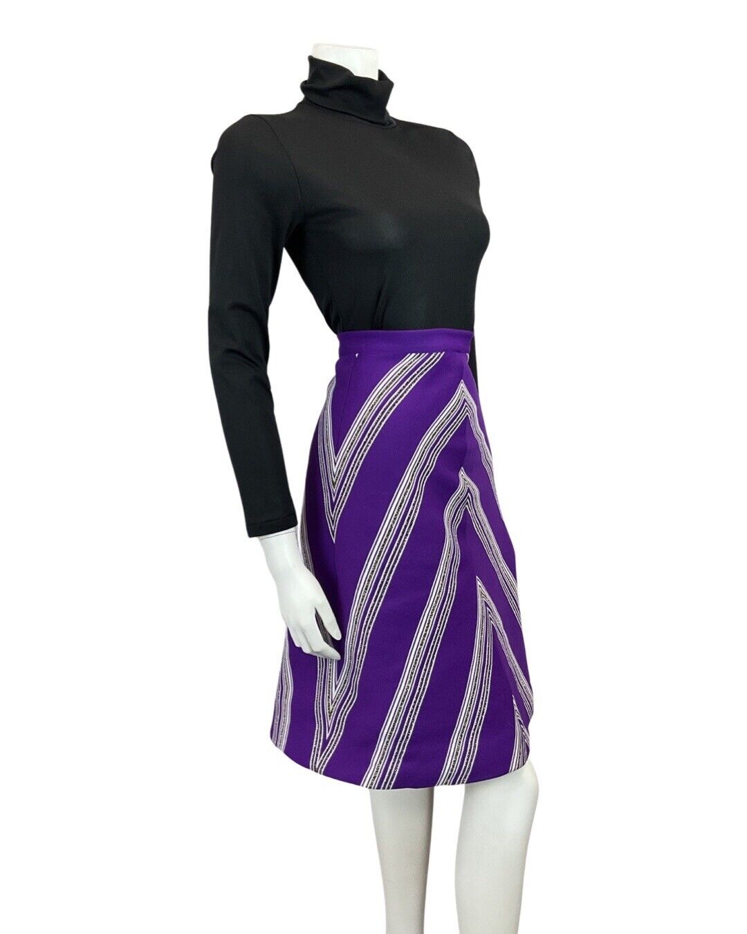 VINTAGE 60s 70s PURPLE SILVER BLACK STRIPED MOD DISCO PARTY KNIT SKIRT 4 6