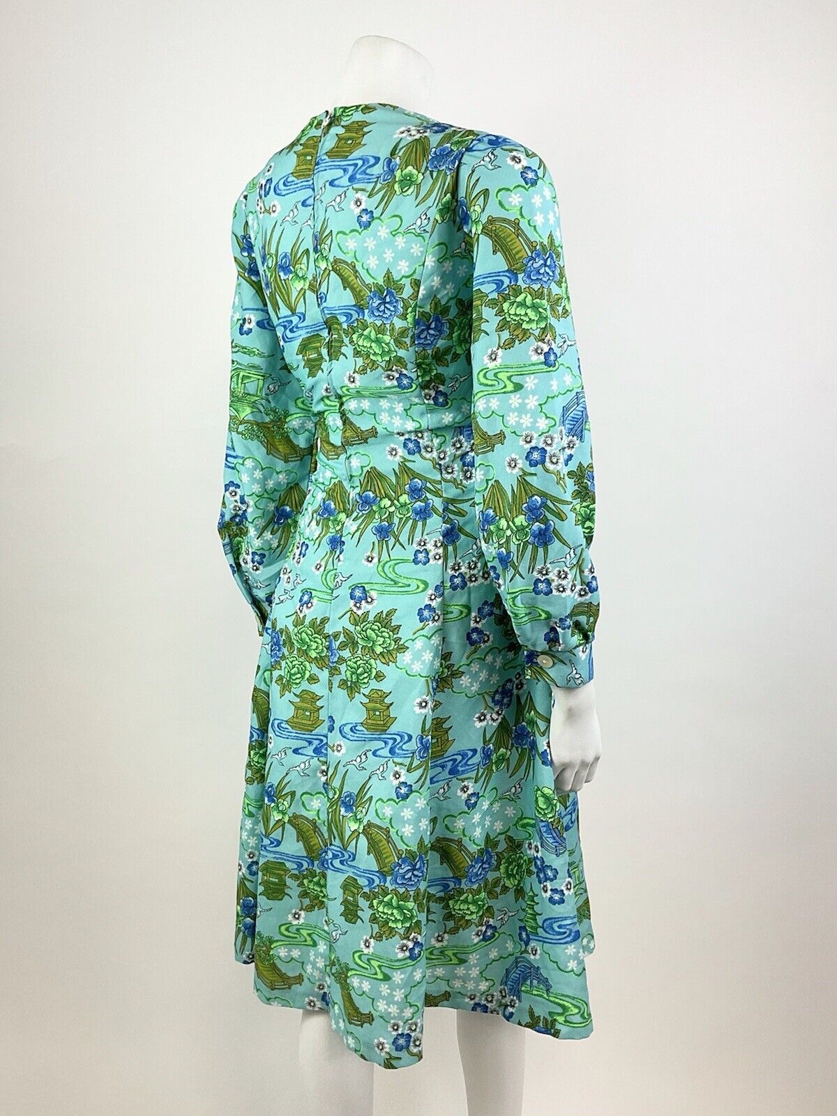 VINTAGE 70s BLUE GREEN GREY FLORAL BIRD PAGODA ORIENTAL SWING DRESS 10 12