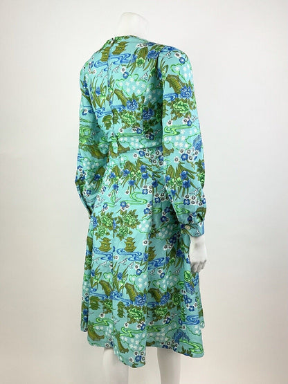 VINTAGE 70s BLUE GREEN GREY FLORAL BIRD PAGODA ORIENTAL SWING DRESS 10 12