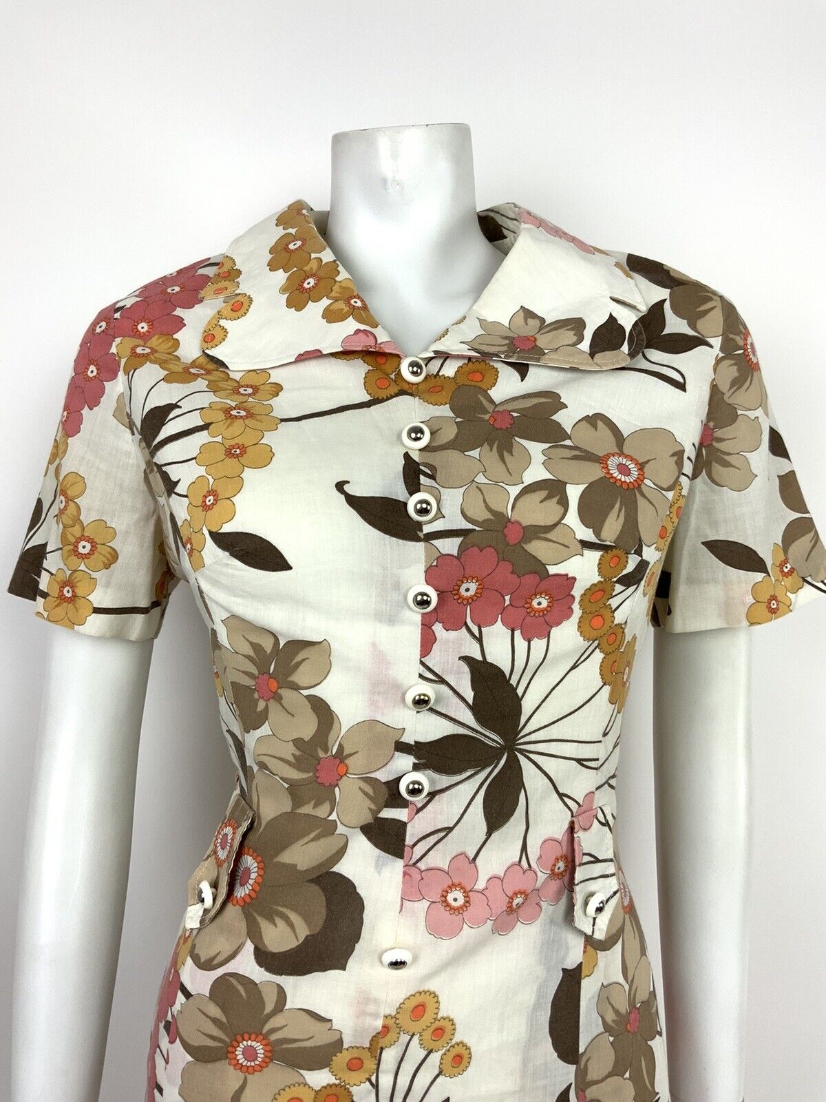 VINTAGE 60s 70s WHITE BROWN YELLOW PINK FLORAL CLOVER COLLAR DRESS 12 14