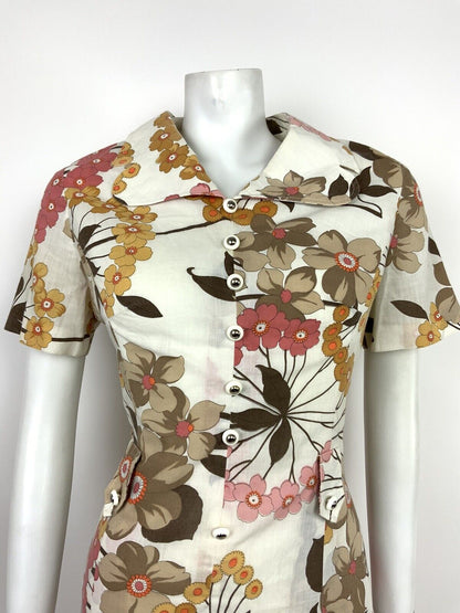 VINTAGE 60s 70s WHITE BROWN YELLOW PINK FLORAL CLOVER COLLAR DRESS 12 14