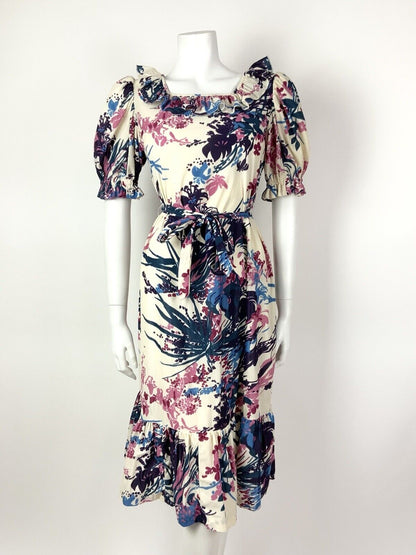 VINTAGE 60s 70s CREAM PURPLE BLUE FLORAL LEAFY RUFFLED BELTED DRESS 8 10