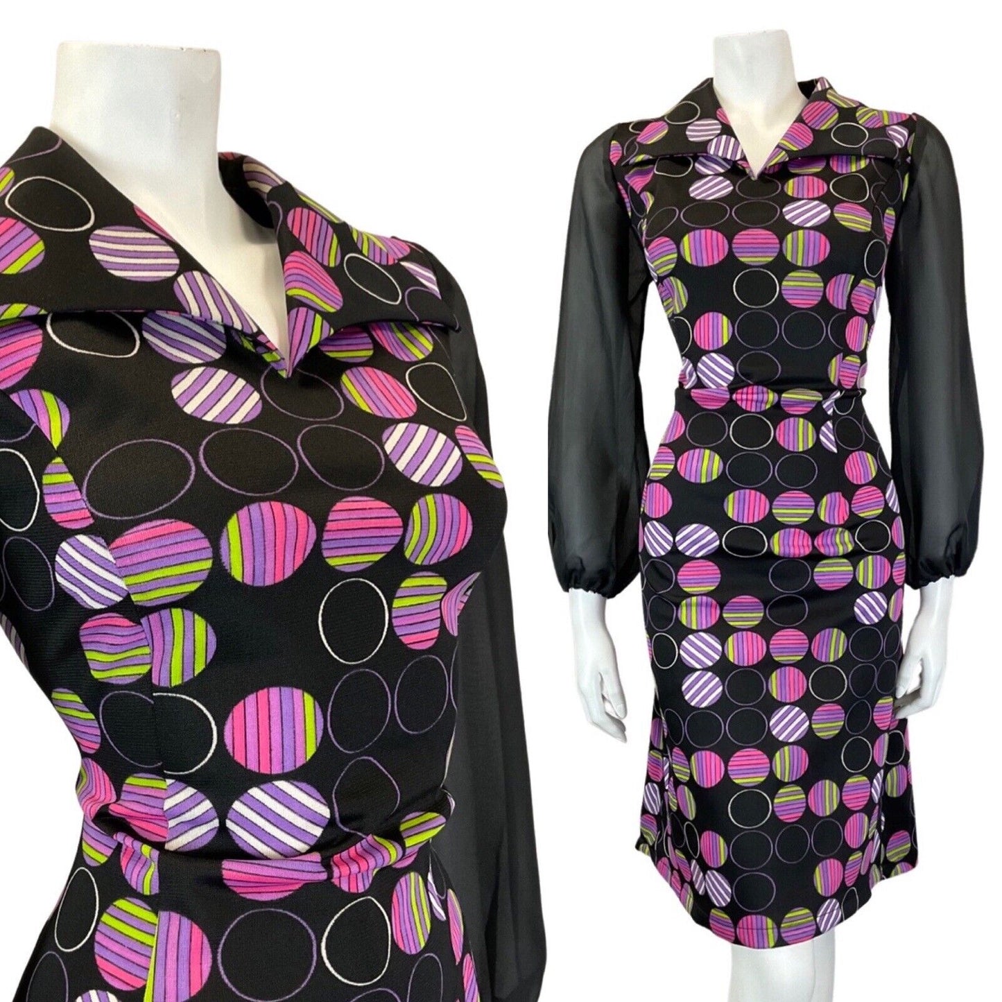 VINTAGE 60s 70s BLACK PURPLE GREEN DOTTY STRIPED SHEER MOD SHIRT DRESS 12