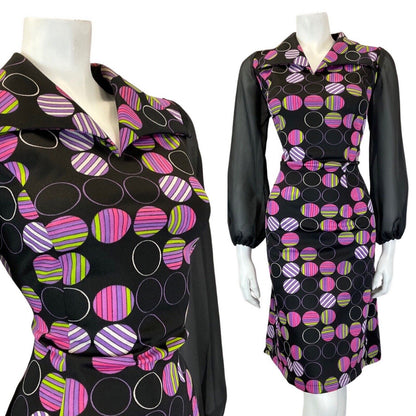VINTAGE 60s 70s BLACK PURPLE GREEN DOTTY STRIPED SHEER MOD SHIRT DRESS 12