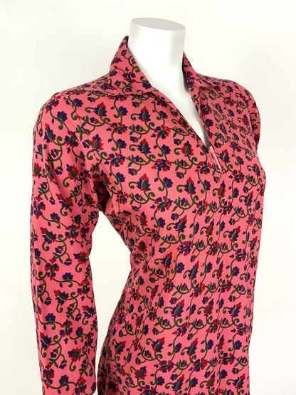 VINTAGE 60s 70s PINK RED BLUE GREEN FLORAL PSYCHEDELIC SWIRL SHIRT DRESS 12 14