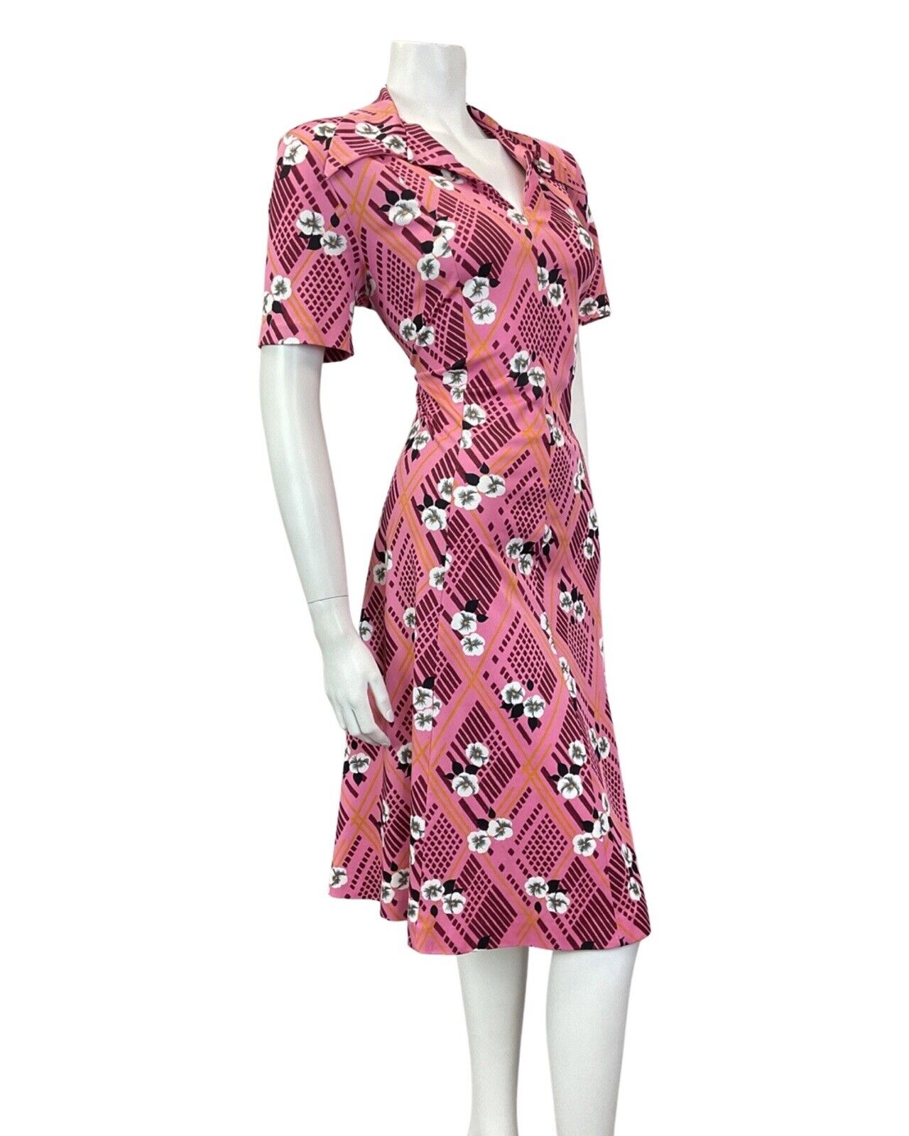 VINTAGE 60s 70s PINK PURPLE WHITE GEOMETRIC FLORAL WING COLLAR SHIRT DRESS 14 16