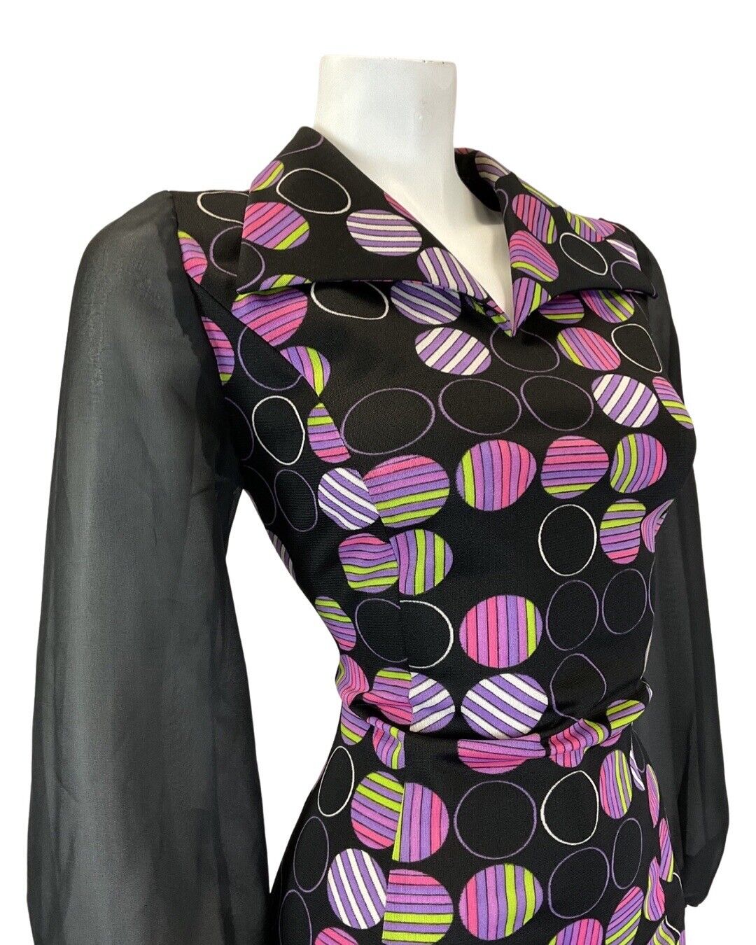 VINTAGE 60s 70s BLACK PURPLE GREEN DOTTY STRIPED SHEER MOD SHIRT DRESS 12