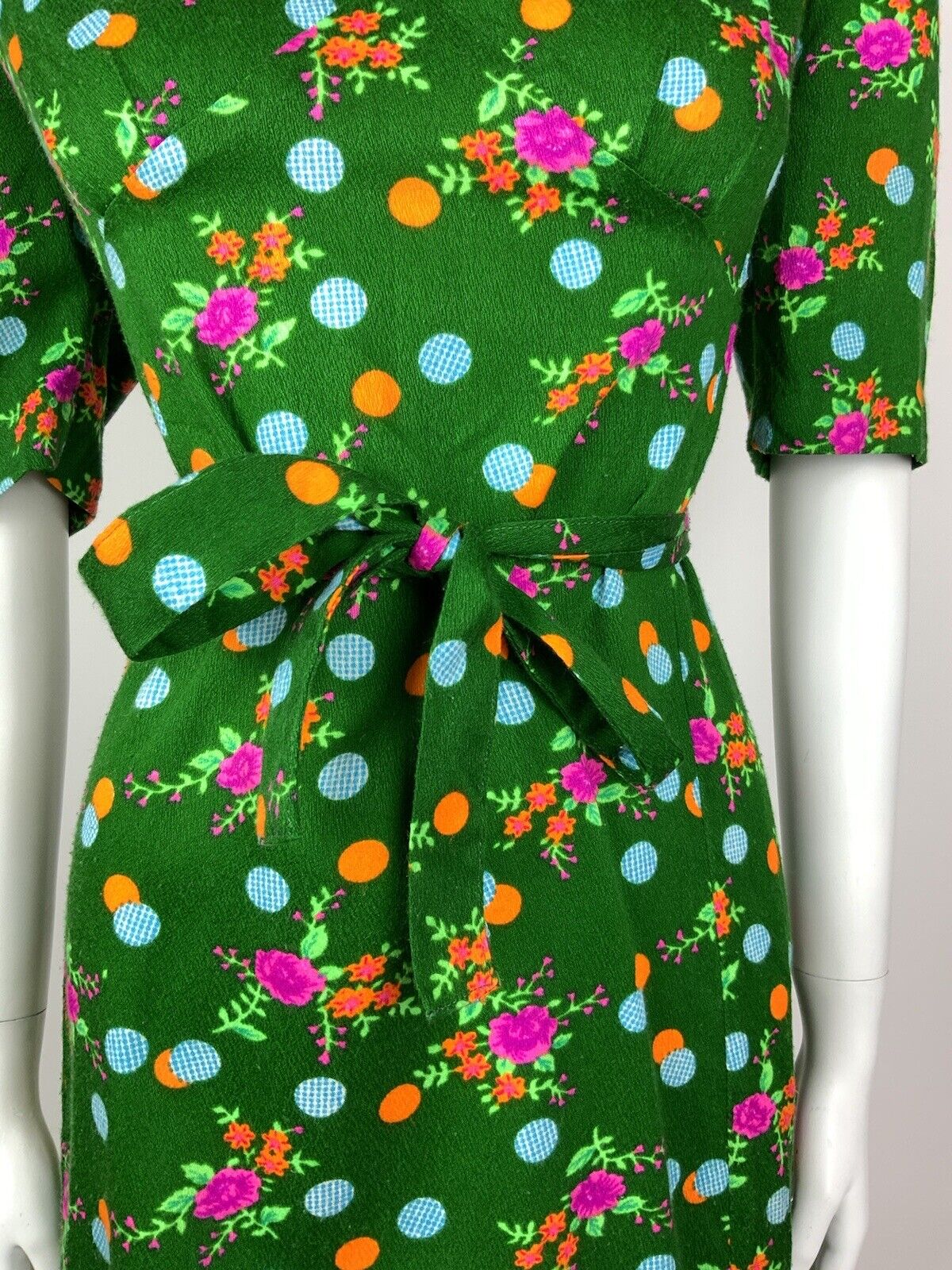 VINTAGE 60s 70s GREEN PINK ORANGE BLUE DOTTY FLORAL BELTED DRESS 14 16