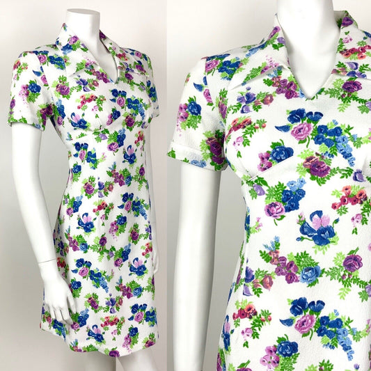 VINTAGE 60s 70s WHITE BLUE PURPLE GREEN FLORAL ROSE DAGGER COLLAR DRESS 10