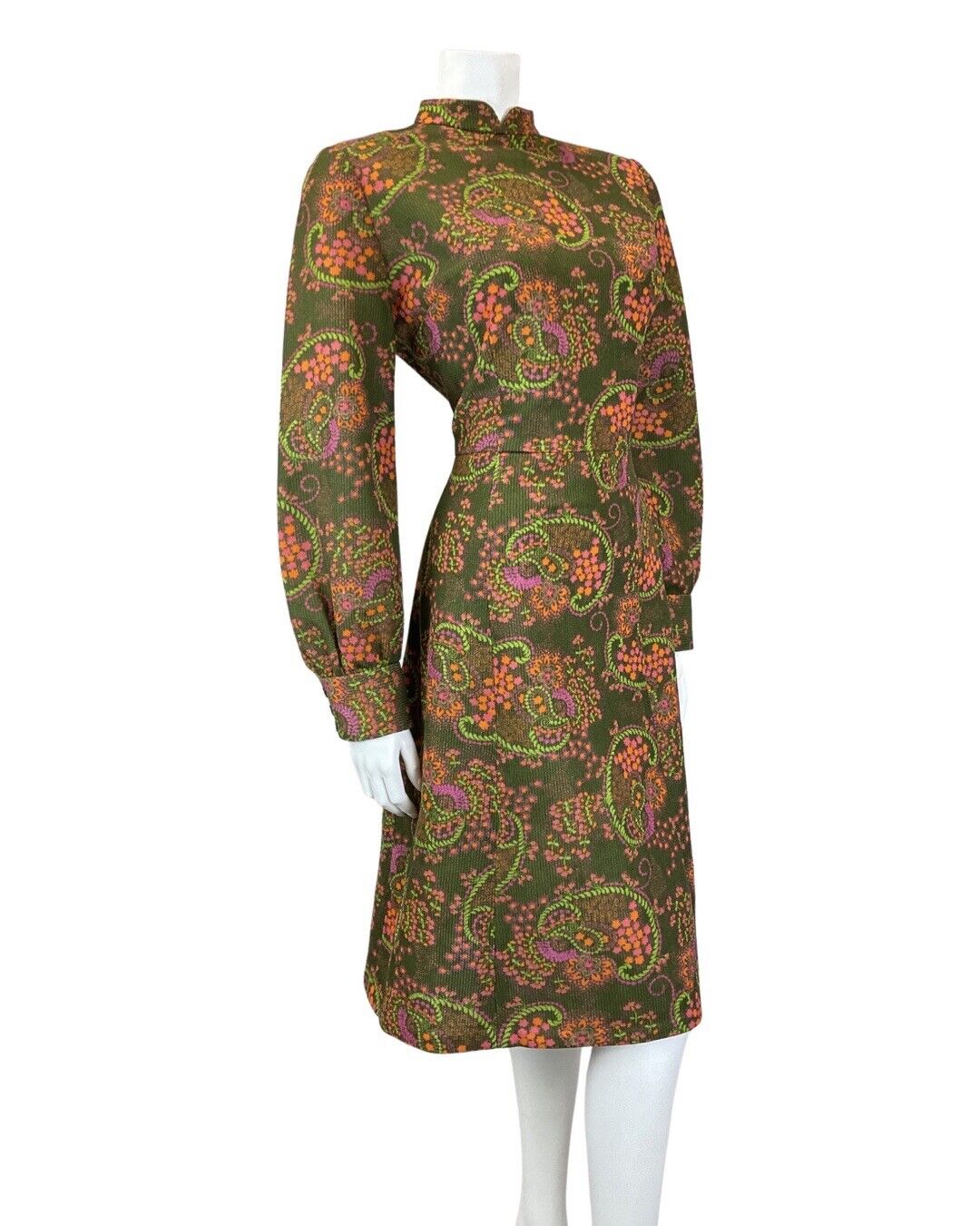 VINTAGE 60s 70s GREEN PINK ORANGE PAISLEY FLORAL PSYCHEDELIC FLARED DRESS 14