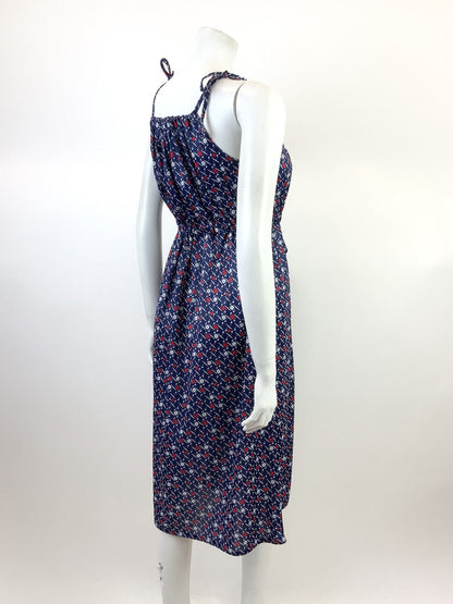 VINTAGE 70s 80s BLUE WHITE RED CHECKED GRID FLORAL STRAPPY MOD SUN DRESS 10 12