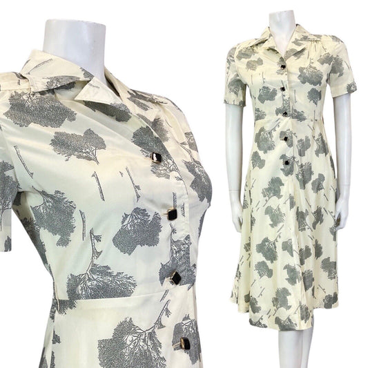 VINTAGE 60s 70s CREAM BLACK TREE LEAFY REVERE COLLAR SHIRT SWING DRESS 8