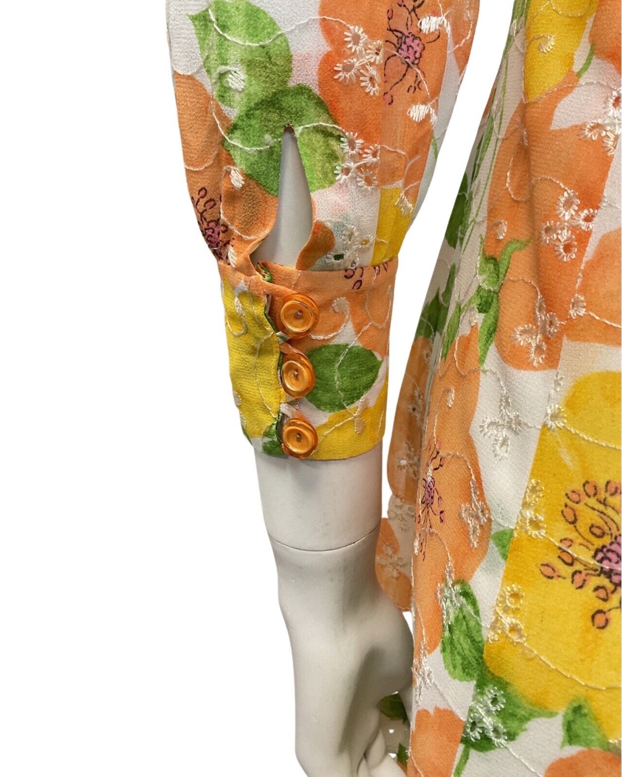 VINTAGE 60s 70s WHITE YELLOW ORANGE GREEN EMBROIDERED FLORAL LEAFY MOD DRESS 8