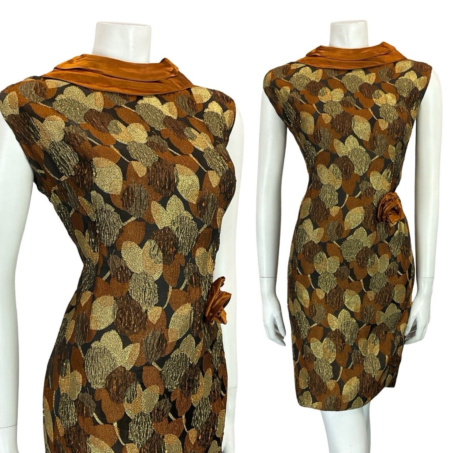 VTG 60S COPPER GOLD BLACK SATIN LEAF BROCADE PLUNGING BACK PARTY DRESS 12 14 M