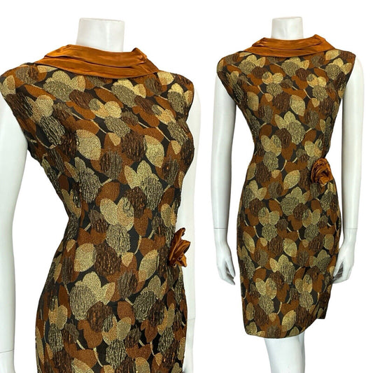 VTG 60S COPPER GOLD BLACK SATIN LEAF BROCADE PLUNGING BACK PARTY DRESS 12 14 M