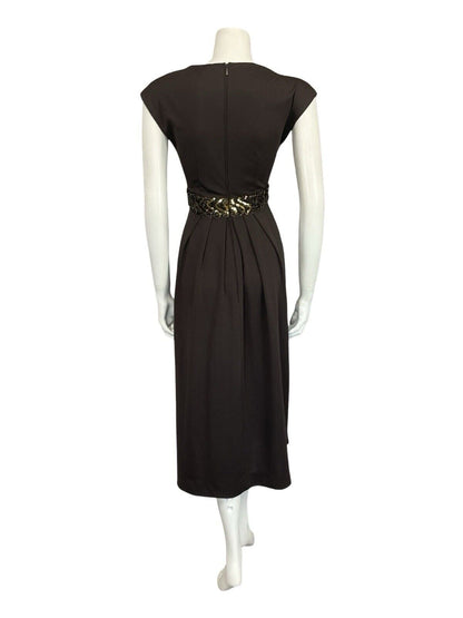 VTG 60S 70S BROWN GOLD SEQUIN BAND PLEATED TUNIC MOD PARTY MIDI DRESS 8