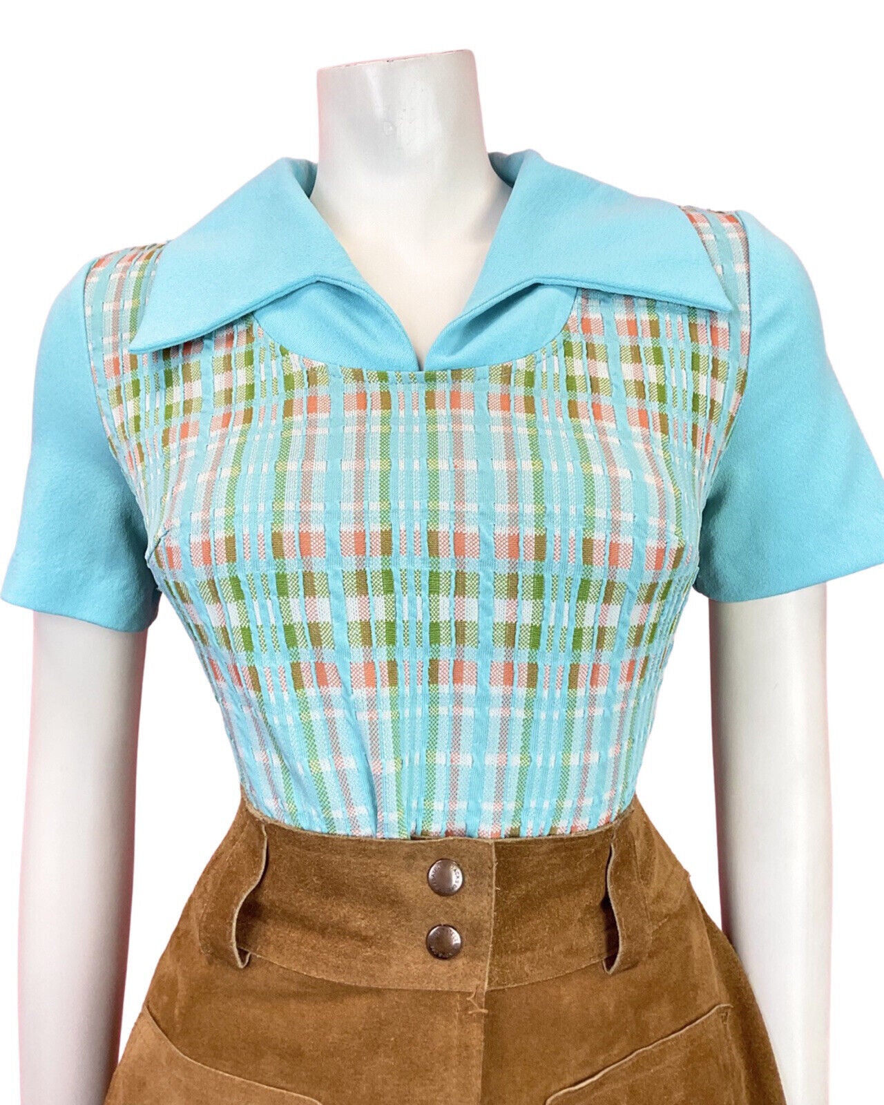 VINTAGE 60s 70s LIGHT BLUE GREEN ORANGE CHECKED MOD WING COLLAR SHIRT TOP 12 14