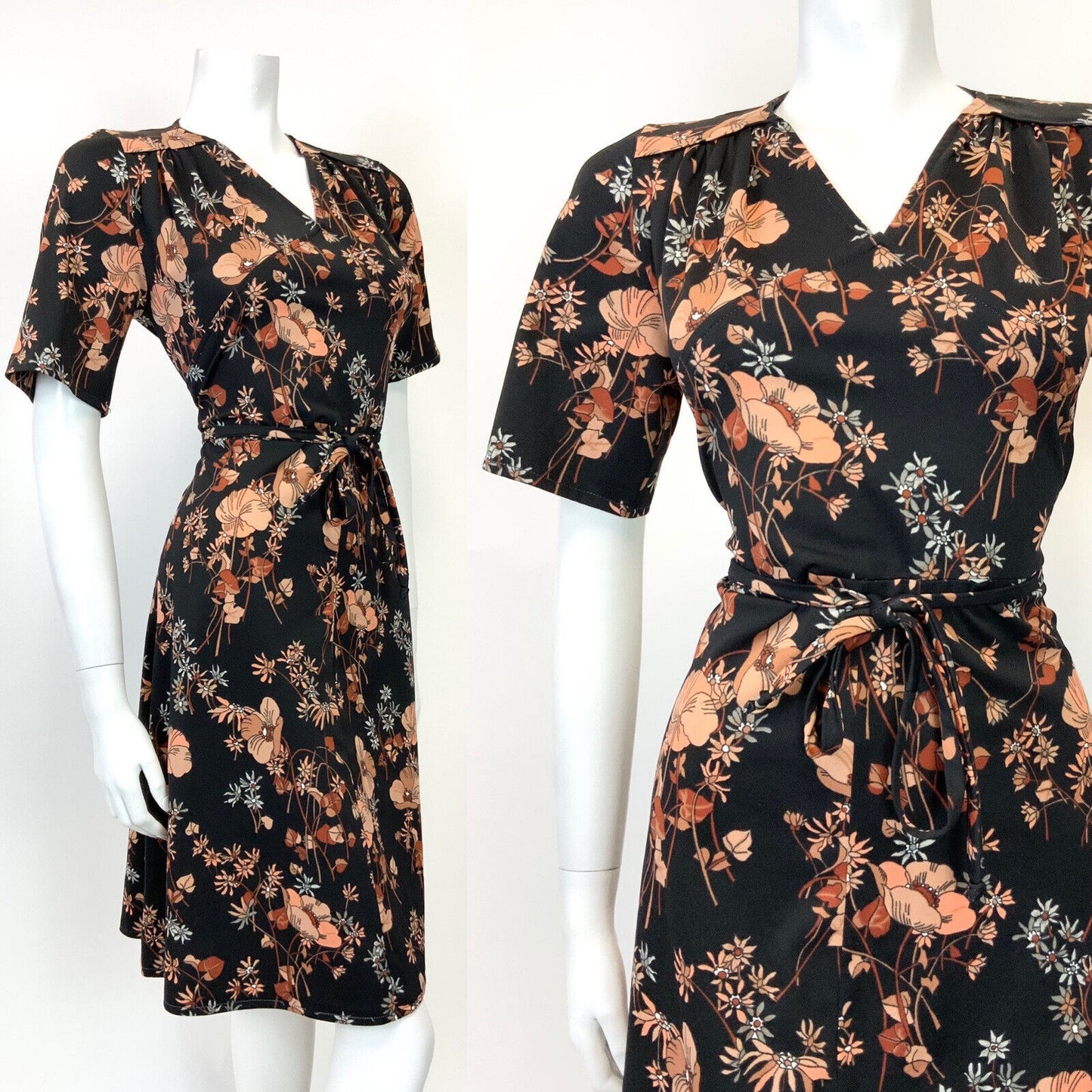 VTG 60s 70s BLACK PEACH BROWN BEIGE FLORAL LEAFY BELTED SHORT SLEEVE DRESS 12 14