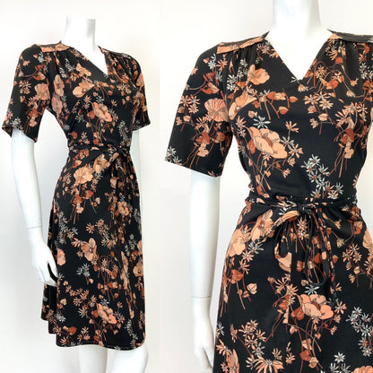 VTG 60s 70s BLACK PEACH BROWN BEIGE FLORAL LEAFY BELTED SHORT SLEEVE DRESS 12 14