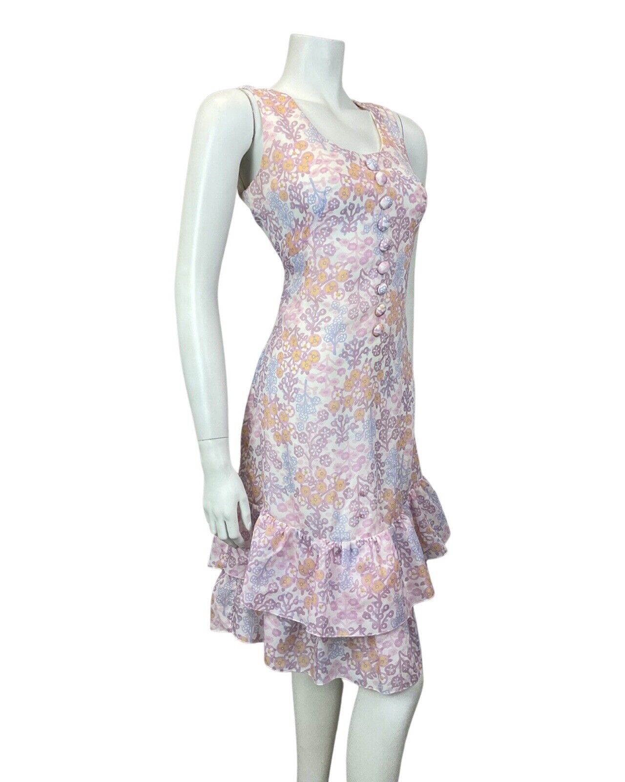 VTG 60s 70s PURPLE WHITE ORANGE FLORAL RUFFLED BETTY BARCLAY SUMMER DRESS 10