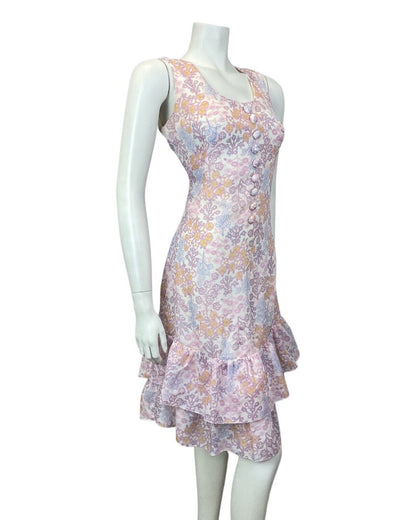 VTG 60s 70s PURPLE WHITE ORANGE FLORAL RUFFLED BETTY BARCLAY SUMMER DRESS 10