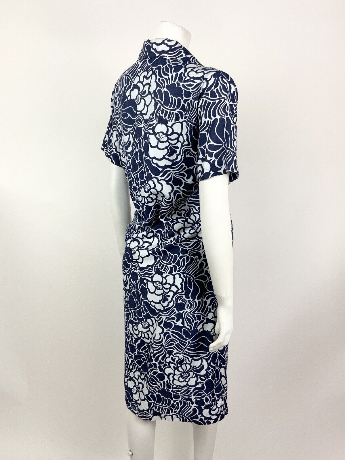 VINTAGE 60s 70s NAVY BLUE WHITE FLORAL LEAFY PSYCHEDELIC SHIRT DRESS 14 16