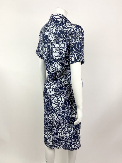 VINTAGE 60s 70s NAVY BLUE WHITE FLORAL LEAFY PSYCHEDELIC SHIRT DRESS 14 16