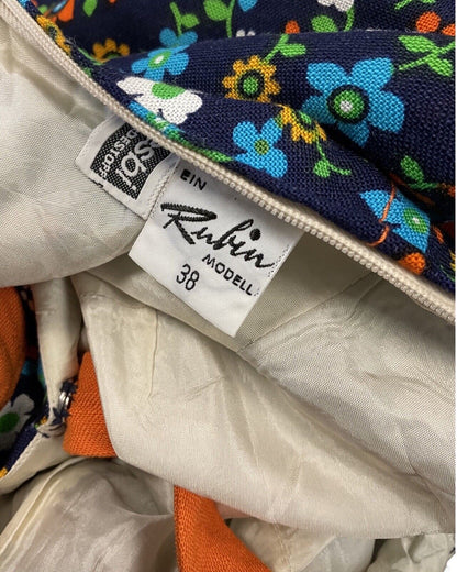 VINTAGE 60s BLUE ORANGE GREEN FLORAL DAISY DITSY MOD HALTER SUMMER DRESS 4 6