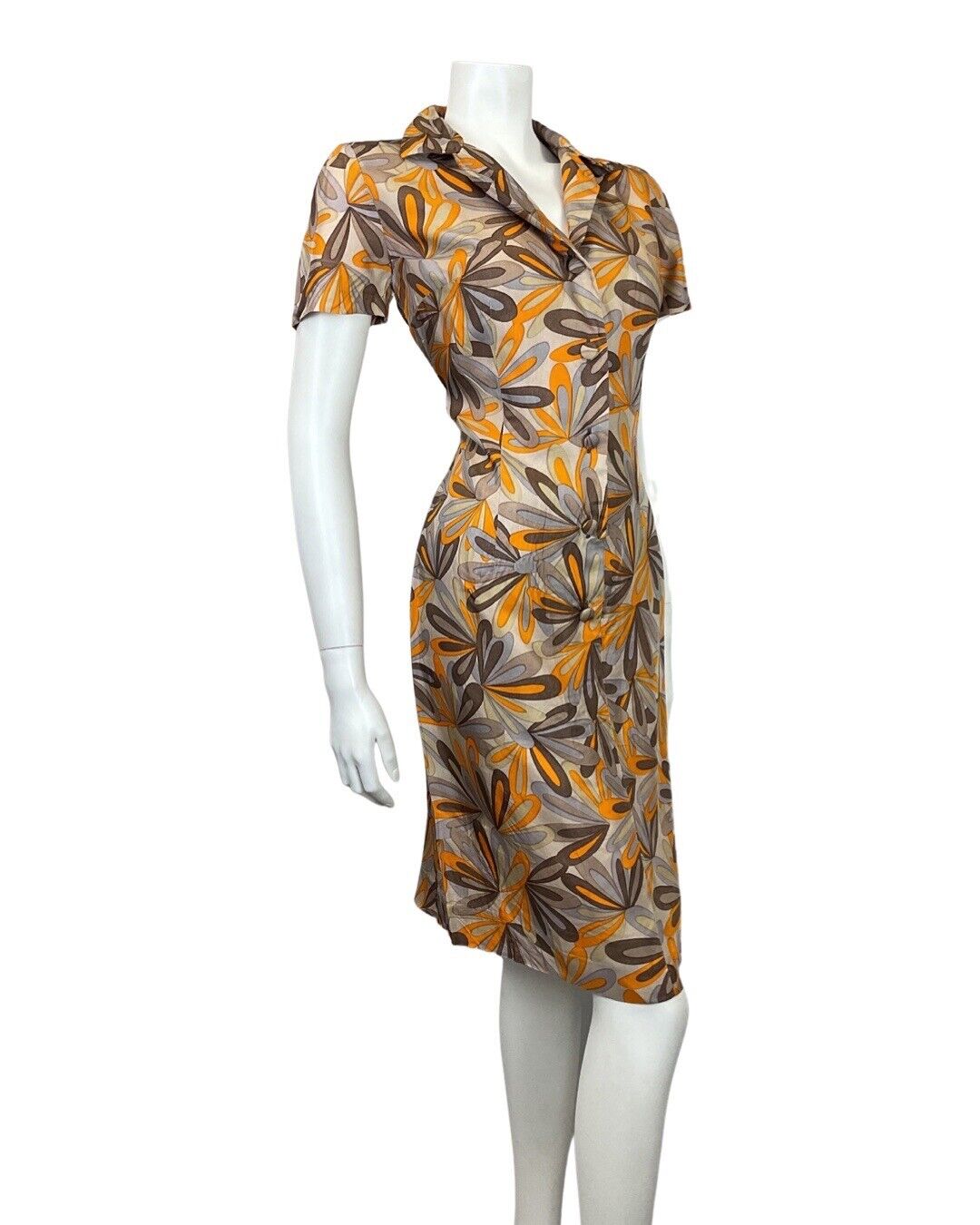 VINTAGE 60s 70s BROWN ORANGE BEIGE PSYCHEDELIC FLORAL SHIRT DRESS 12 14