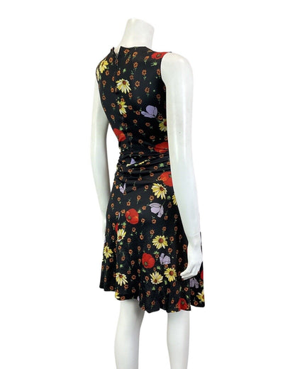 VINTAGE 60s 70s BLACK RED YELLOW FLORAL POPPY SLEEVELESS SUMMER DRESS 10 12