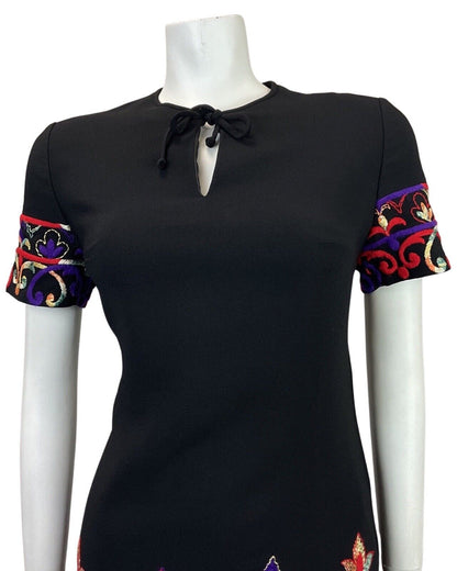 VINTAGE 60s 70s BLACK RED PURPLE GOLD EMBROIDERED FLORAL SWIRL MOD DRESS 12 14