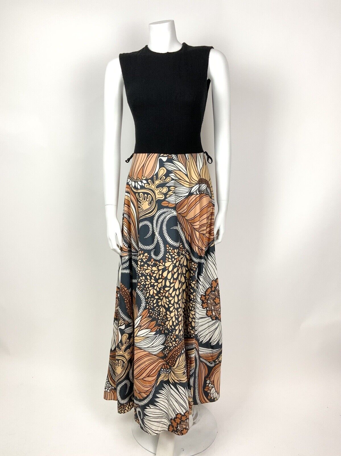 VTG 60s 70s BLACK ORANGE PEACH WHITE PSYCHEDELIC LEAFY FLORAL MAXI DRESS 8