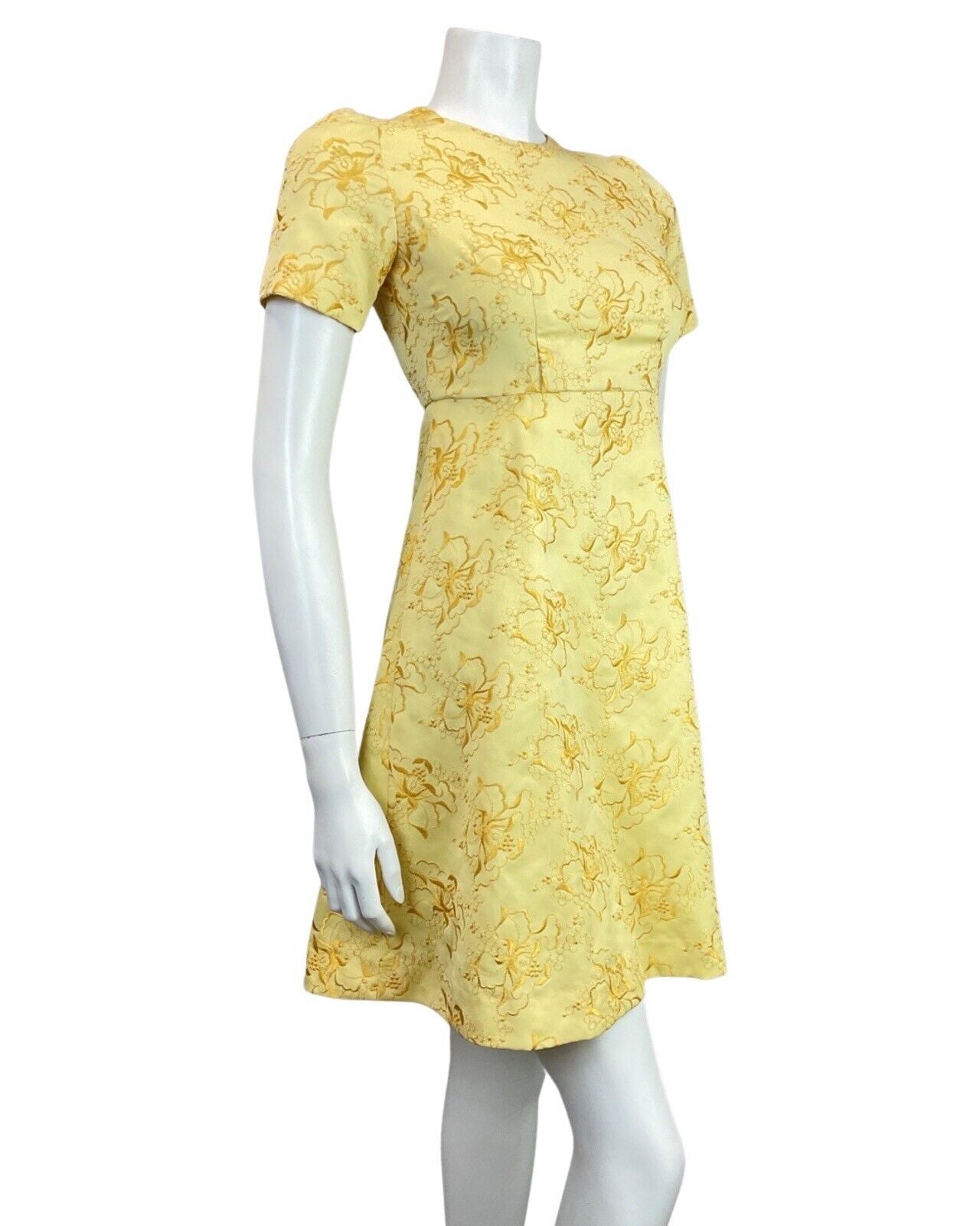 VINTAGE 60s 70s SOFT YELLOW FLORAL EMBROIDERED MOD SHORT DRESS 8