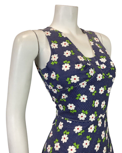 VINTAGE 60s 70s BLUE WHITE RED POLKA-DOT DAISY FLOWER SUMMER SWING DRESS 8 10