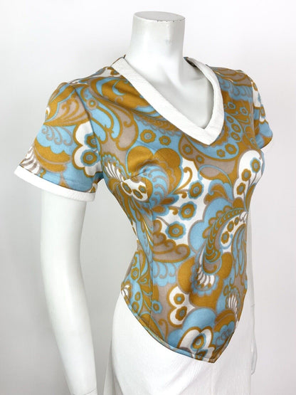 VINTAGE 60s 70s WHITE BLUE GOLD FLORAL PAISLEY PSYCHEDELIC DRESS 14 16