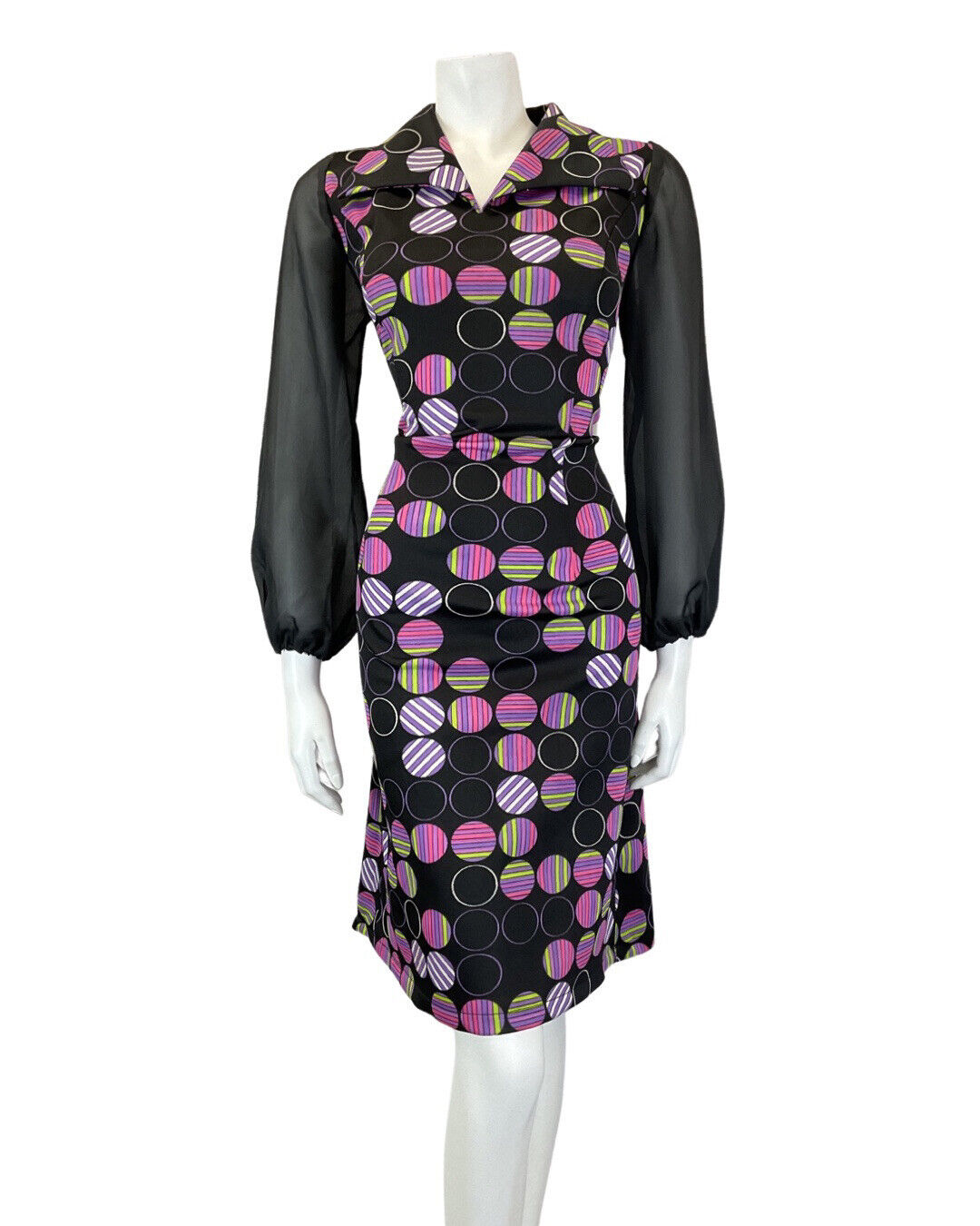 VINTAGE 60s 70s BLACK PURPLE GREEN DOTTY STRIPED SHEER MOD SHIRT DRESS 12