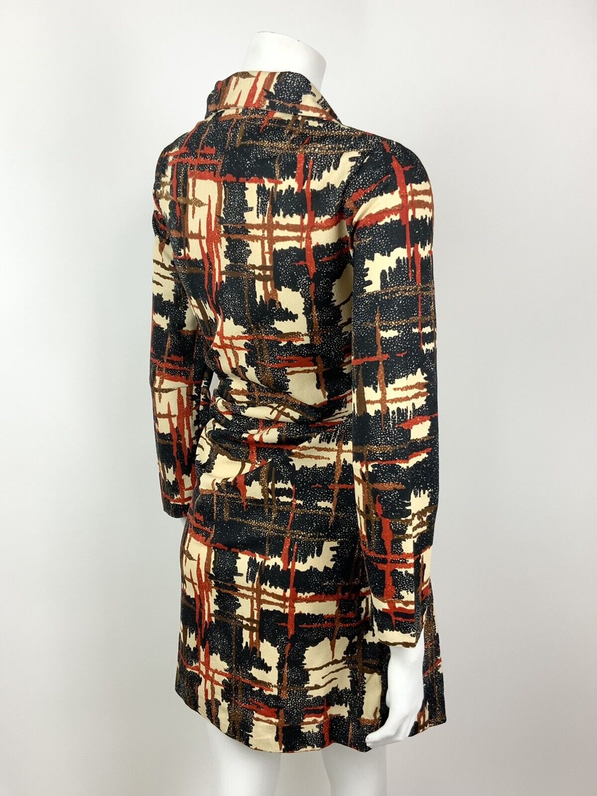 VINTAGE 60s 70s BLUE CREAM BROWN RED GRID CROSS-HATCH SHIRT DRESS 12