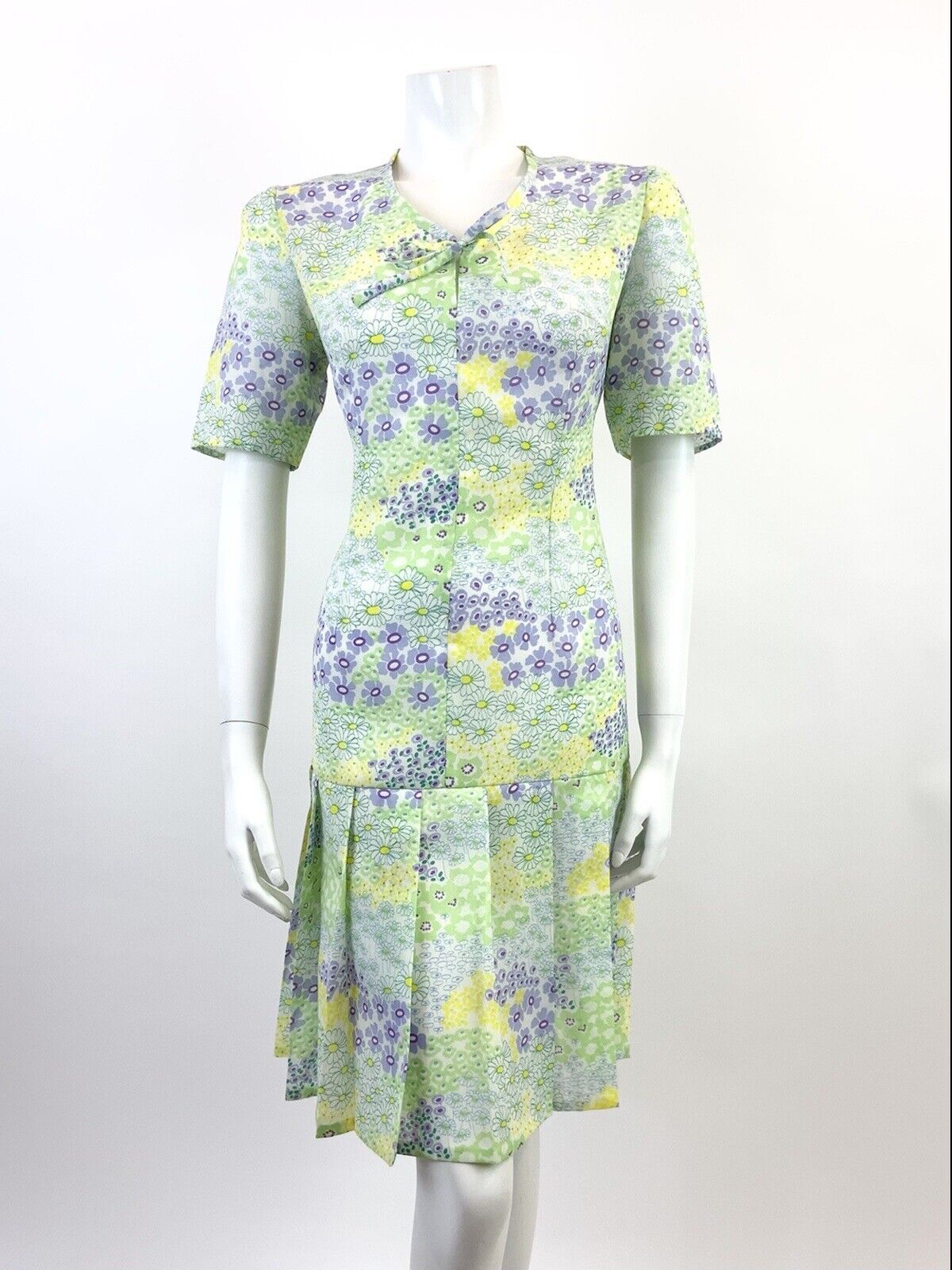 VTG 60s 70s GREEN PURPLE WHITE YELLOW FLORAL PSYCHEDELIC DROP WAIST DRESS 12 14