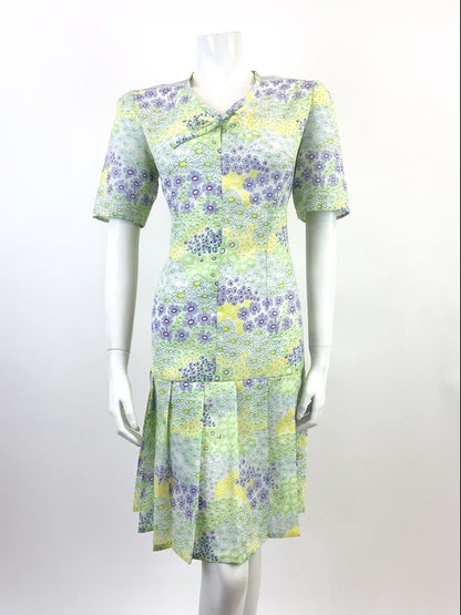 VTG 60s 70s GREEN PURPLE WHITE YELLOW FLORAL PSYCHEDELIC DROP WAIST DRESS 12 14